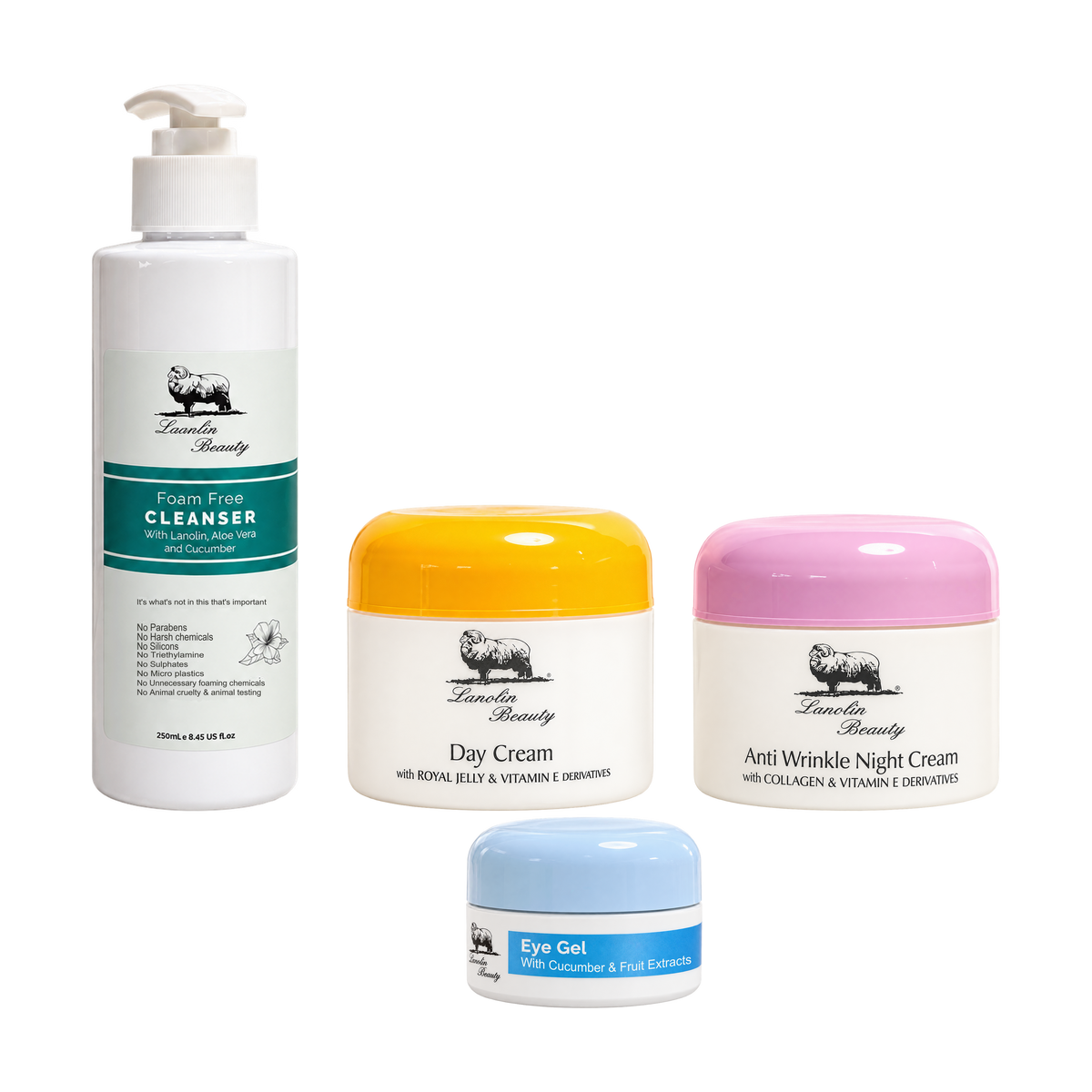 Face Routine: Cleanser, blue-band Eye Gel, Day Cream and Night Cream on a transparent background